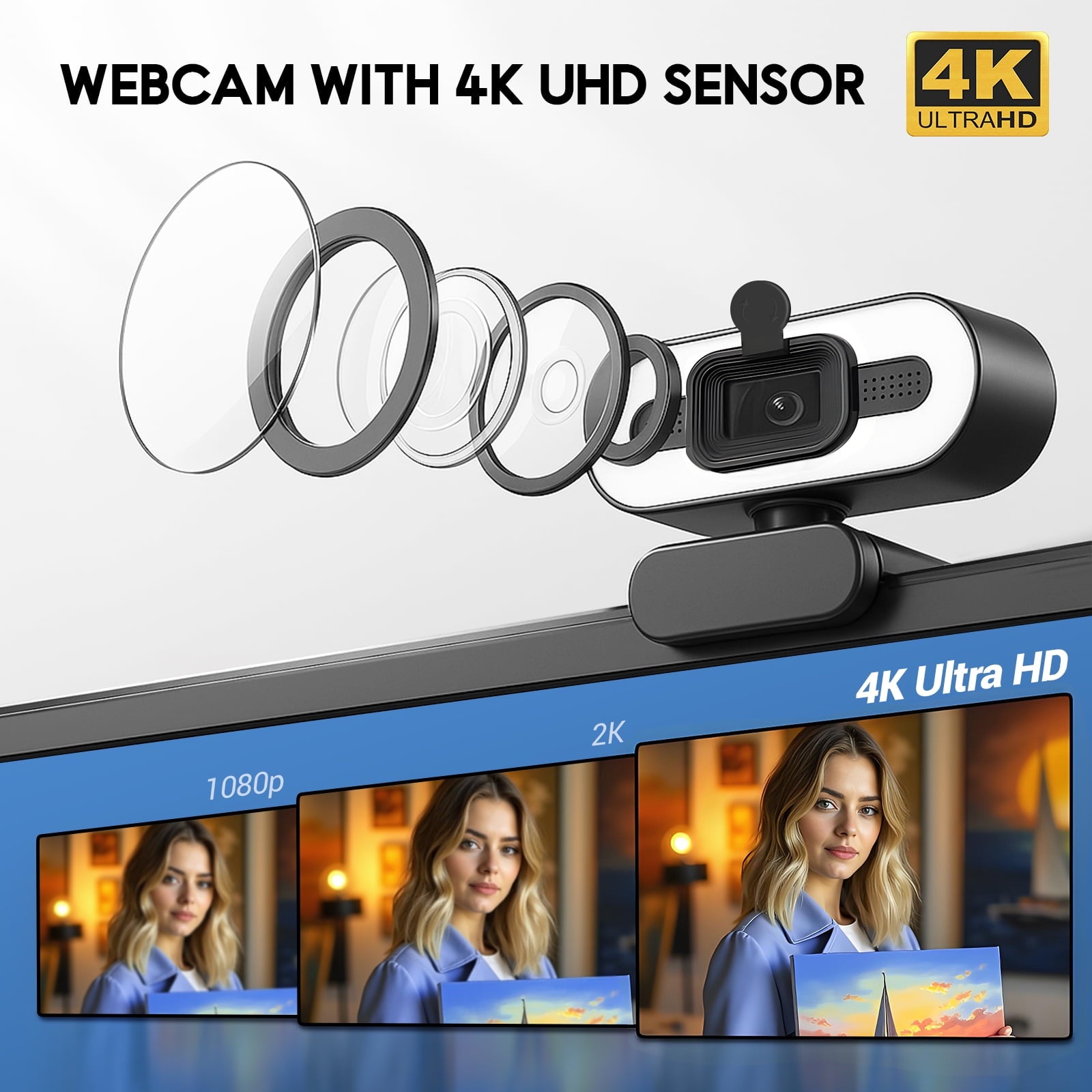 Webcam 4K HD USB Autofocus PC Webcam with Dual Mics for Xbox Laptop Co