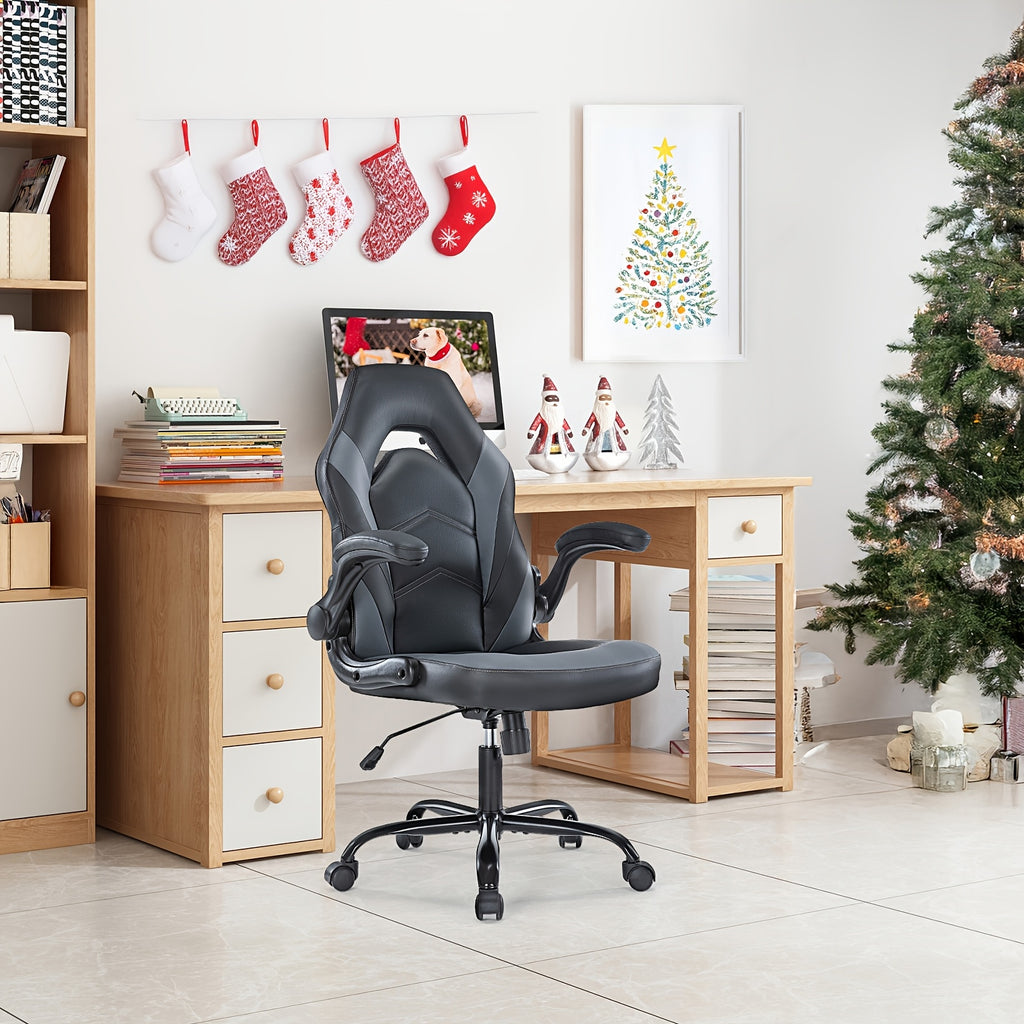 Office Desk Leather Gaming Computer Chair with Adjustable Swivel Task and Flip-up Arms for Adults