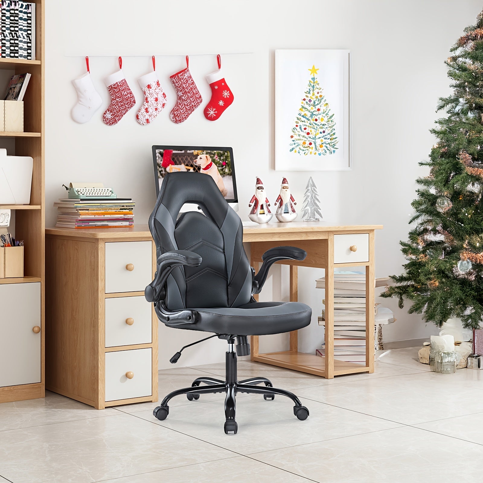 Office Desk Leather Gaming Computer Chair with Adjustable Swivel Task and Flip-up Arms for Adults