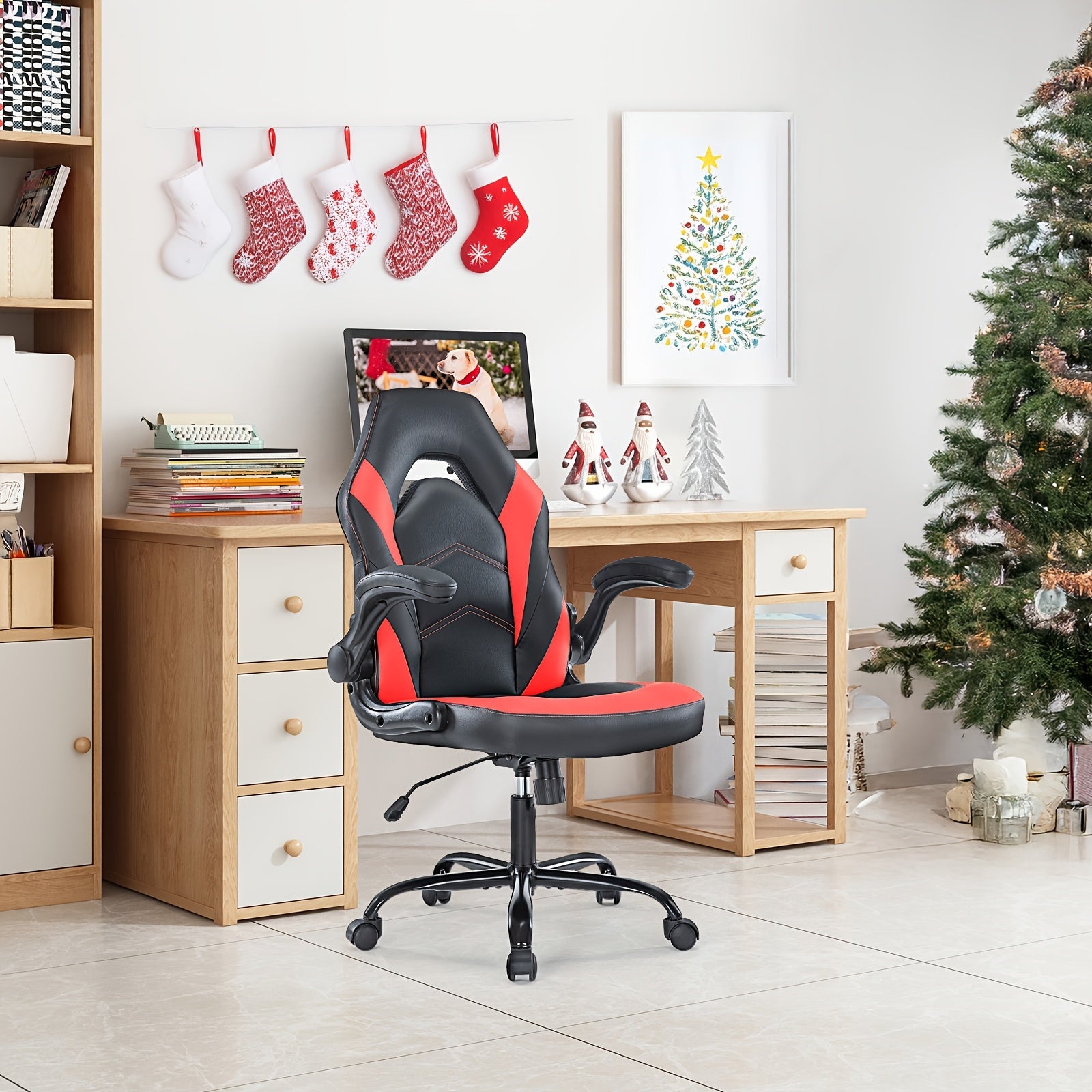 Office Desk Leather Gaming Computer Chair with Adjustable Swivel Task and Flip-up Arms for Adults