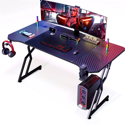 Gaming Desk - Ergonomic Gaming Computer Table, 47 Inch Carbon Fiber Surface PC Desk Workstation With Cup Holder & Headphone Hook, S-Shaped Hollow Design, Black