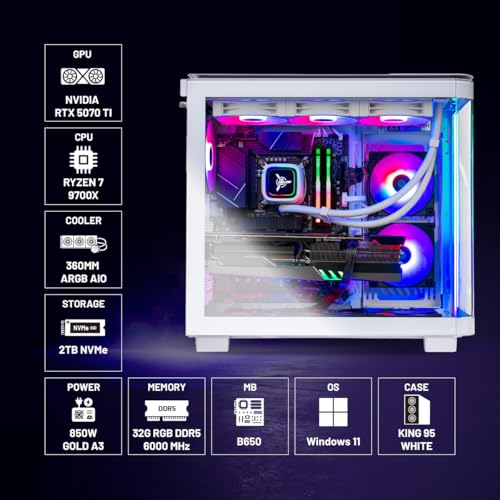 Skytech Archangel Gaming PC Desktop, Ryzen 7 5700 3.7 GHz (4.6GHz Turbo Boost), AMD RX 6600 8GB GDDR6, 1TB SSD, 16GB DDR4 RAM 3200, 650W Gold PSU, Wi-Fi, Win 11 Home
