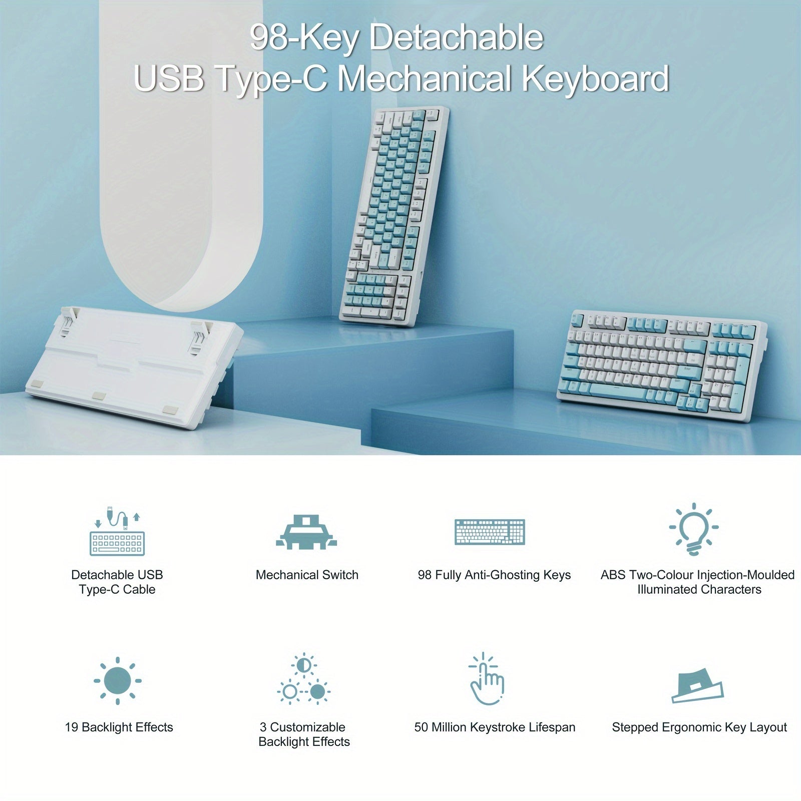 Full-Size 98-Key Baoced Mechanical Gaming Keyboard with Red Switch, ICY Blue Backlight, Anti-Ghosting, Detachable USB Type-C Cable, and Adjustable Kickstand