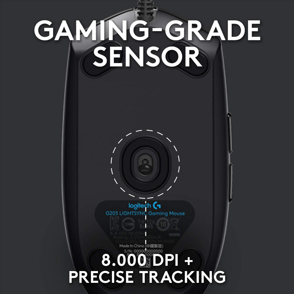 Logitech G203 Wired Gaming Mouse, 8,000 DPI, Rainbow Optical Effect LIGHTSYNC RGB, 6 Programmable Buttons, On-Board Memory, Screen Mapping, PC/Mac Computer and Laptop Compatible - Black