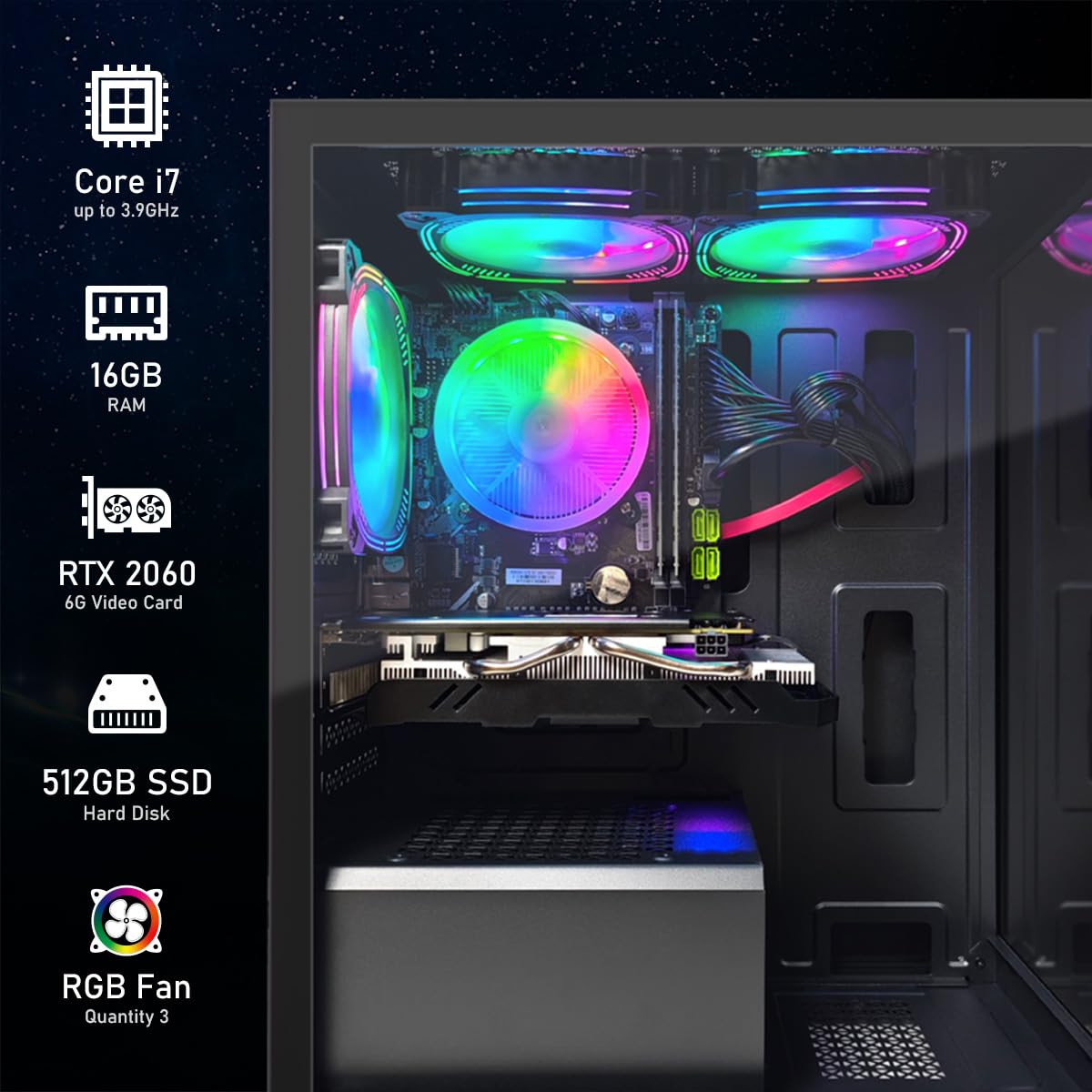 STGAubron Gaming PC Computer Desktop, Intel Core i7 up to 3.9GHz, Radeon RX 580 8G GDDR5, 16G RAM, 512G SSD, WiFi, BT 5.0, RGB Fan x6, Windows 10 Home