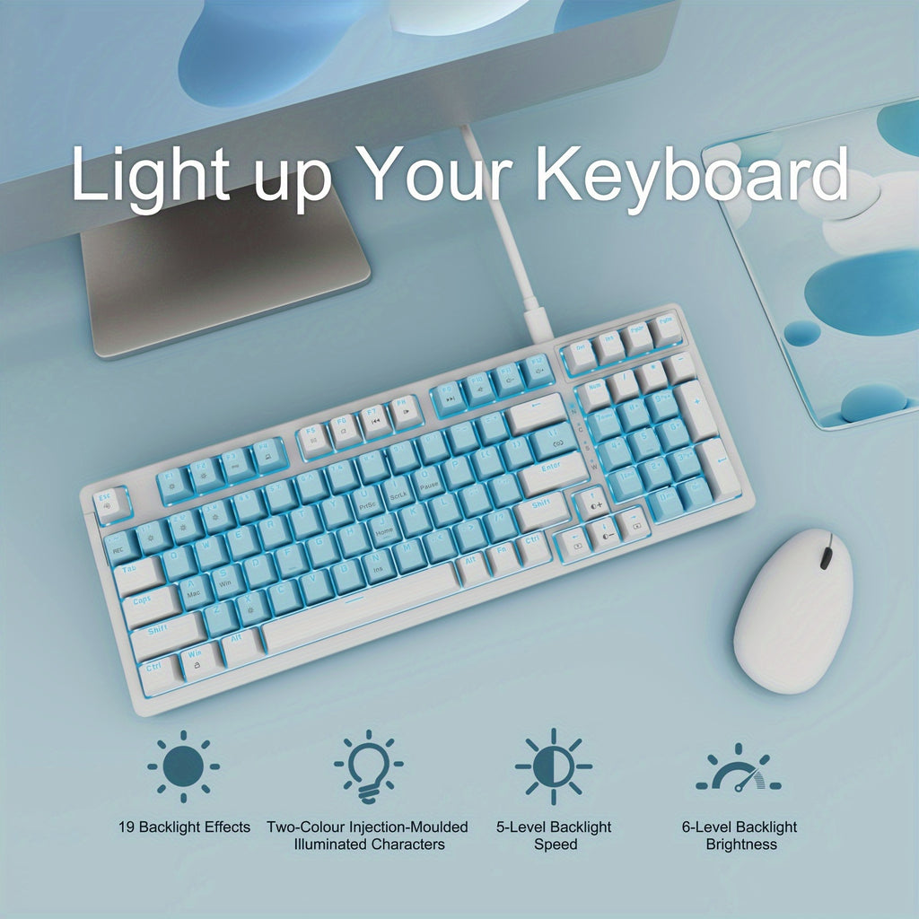 Full-Size 98-Key Baoced Mechanical Gaming Keyboard with Red Switch, ICY Blue Backlight, Anti-Ghosting, Detachable USB Type-C Cable, and Adjustable Kickstand