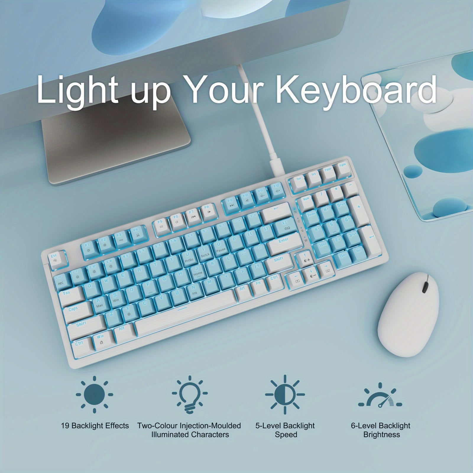 Full-Size 98-Key Baoced Mechanical Gaming Keyboard with Red Switch, ICY Blue Backlight, Anti-Ghosting, Detachable USB Type-C Cable, and Adjustable Kickstand