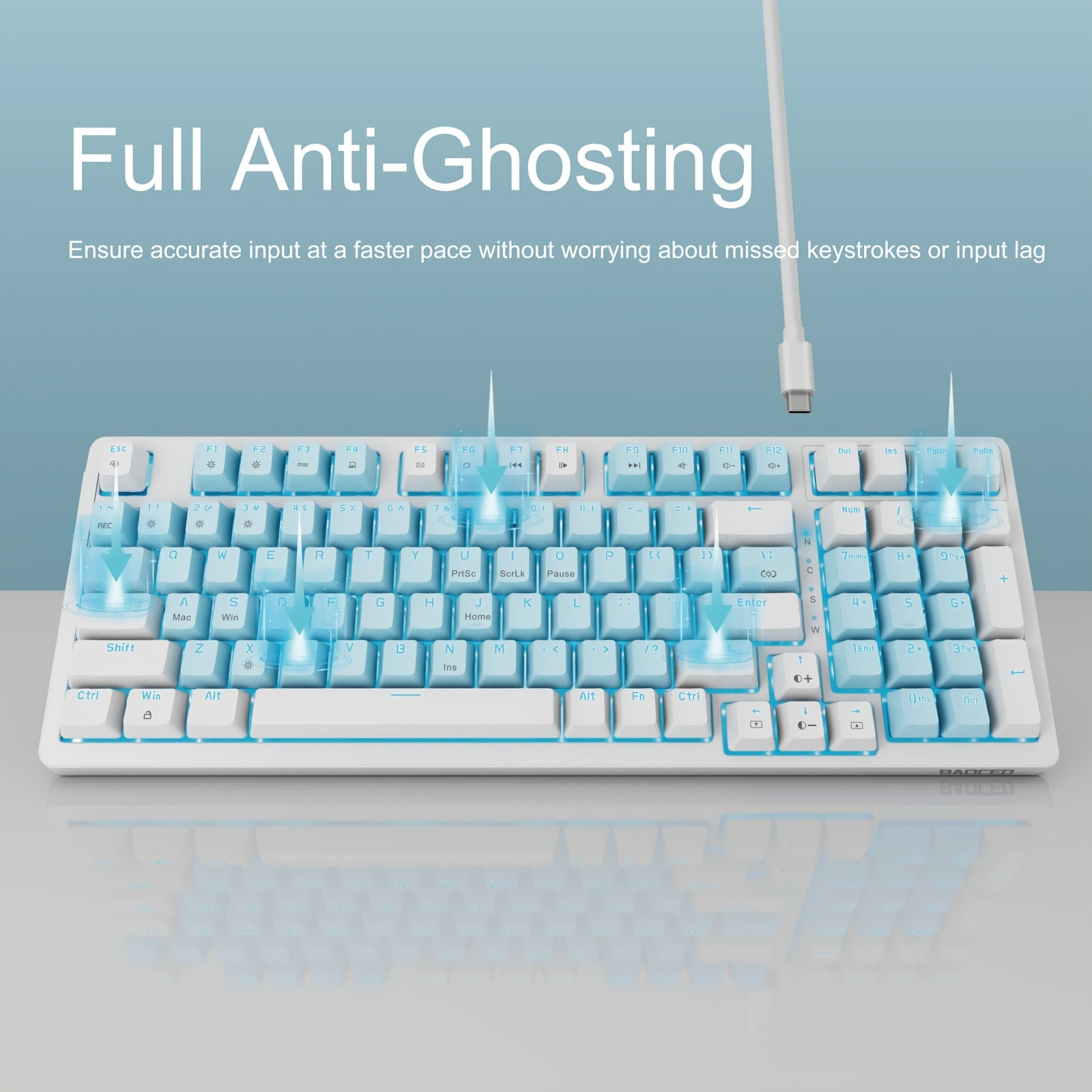 Full-Size 98-Key Baoced Mechanical Gaming Keyboard with Red Switch, ICY Blue Backlight, Anti-Ghosting, Detachable USB Type-C Cable, and Adjustable Kickstand