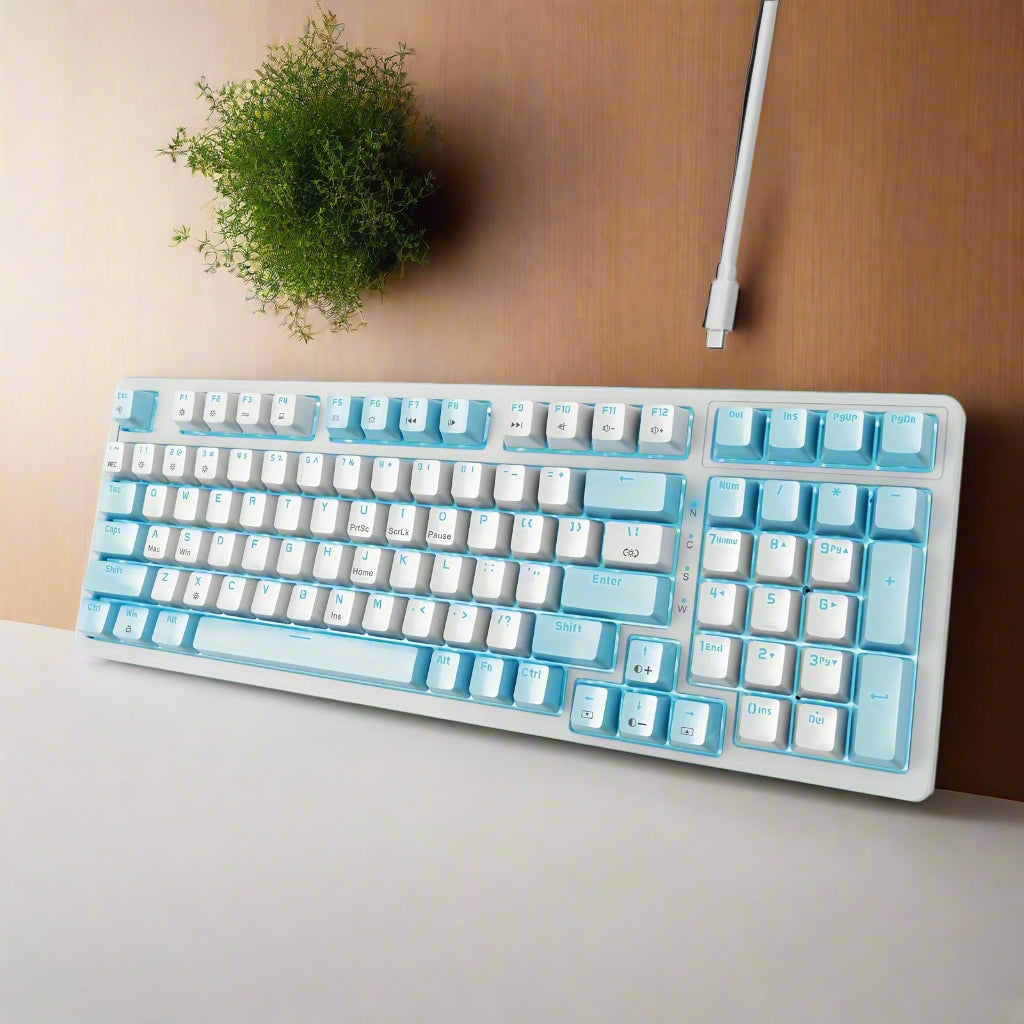 Full-Size 98-Key Baoced Mechanical Gaming Keyboard with Red Switch, ICY Blue Backlight, Anti-Ghosting, Detachable USB Type-C Cable, and Adjustable Kickstand