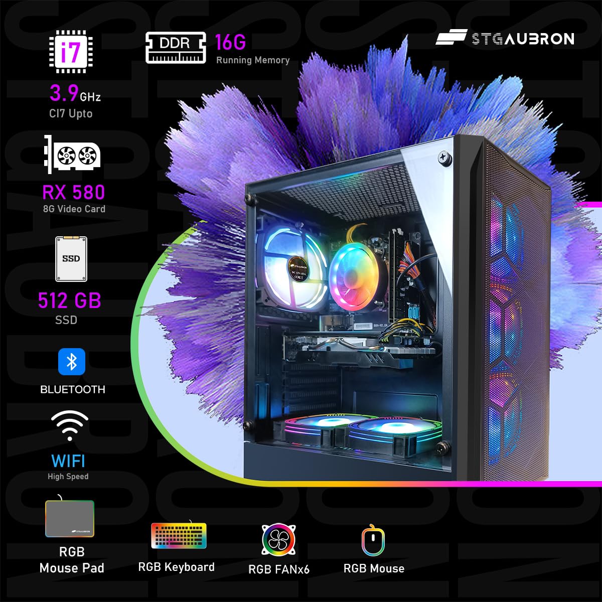 STGAubron Gaming PC Computer Desktop, Intel Core i7 up to 3.9GHz, Radeon RX 580 8G GDDR5, 16G RAM, 512G SSD, WiFi, BT 5.0, RGB Fan x6, Windows 10 Home