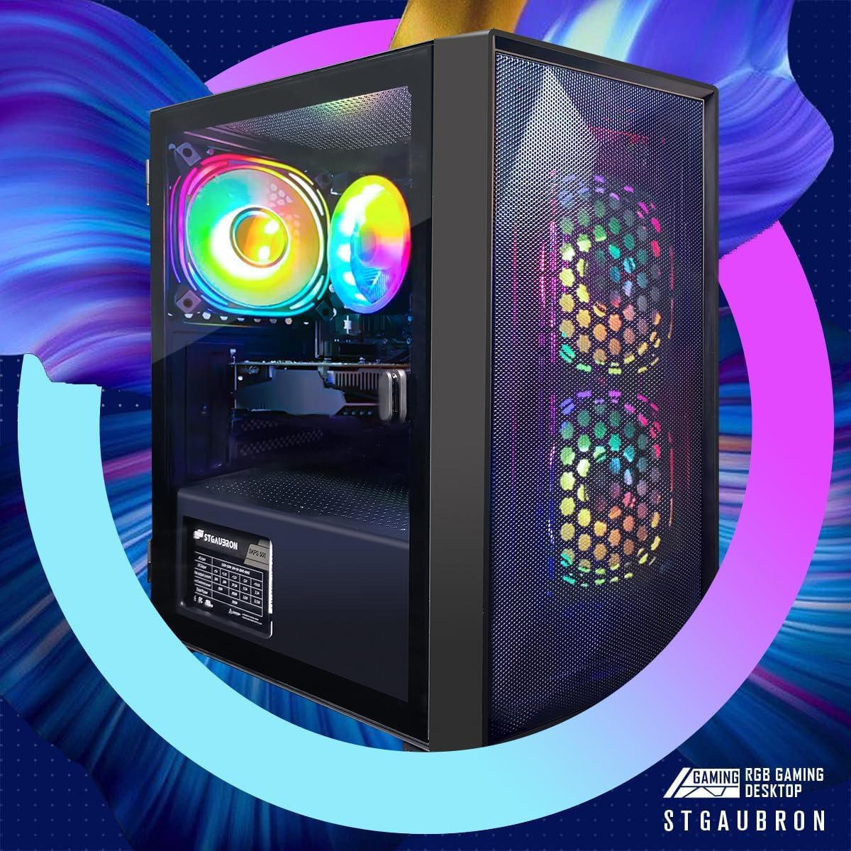 STGAubron Gaming PC Computer Desktop, Intel Core i7 up to 3.9GHz, Radeon RX 580 8G GDDR5, 16G RAM, 512G SSD, WiFi, BT 5.0, RGB Fan x6, Windows 10 Home