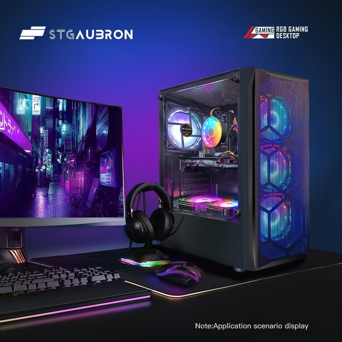 STGAubron Gaming PC Computer Desktop, Intel Core i7 up to 3.9GHz, Radeon RX 580 8G GDDR5, 16G RAM, 512G SSD, WiFi, BT 5.0, RGB Fan x6, Windows 10 Home