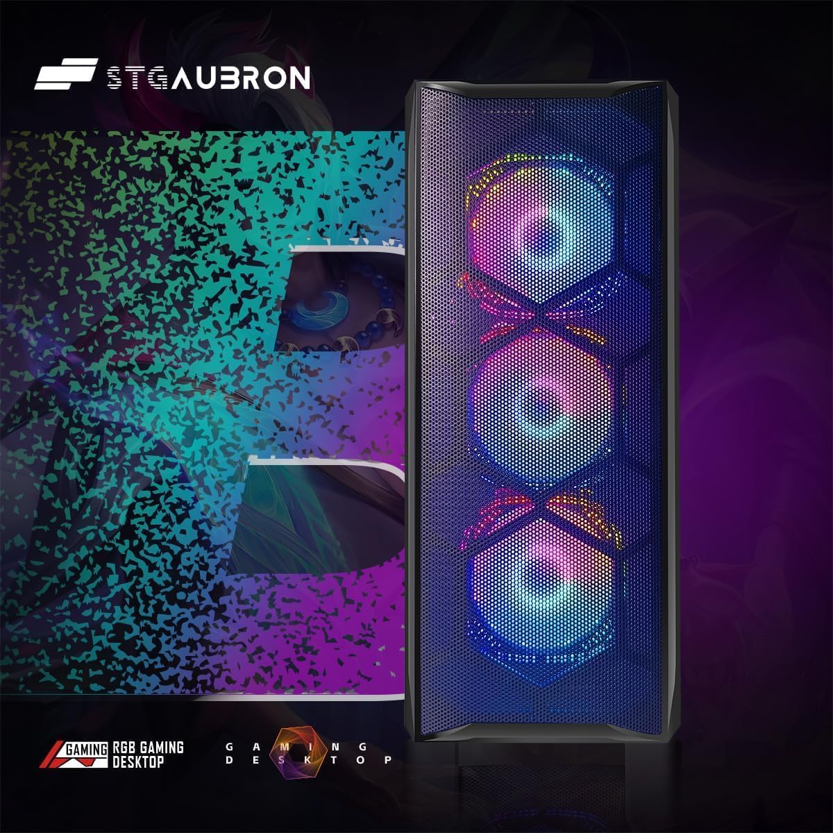 STGAubron Gaming PC Computer Desktop, Intel Core i7 up to 3.9GHz, Radeon RX 580 8G GDDR5, 16G RAM, 512G SSD, WiFi, BT 5.0, RGB Fan x6, Windows 10 Home