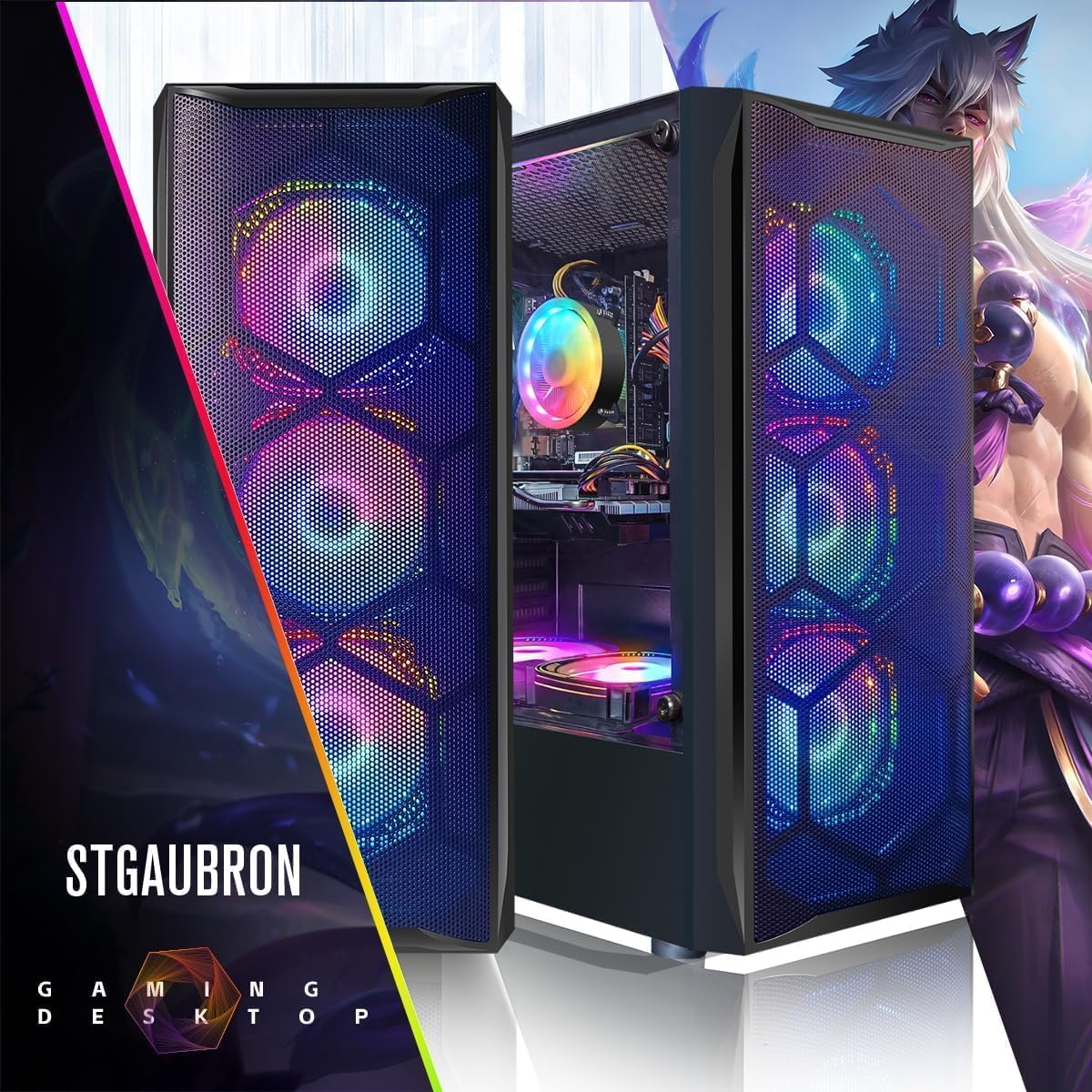 STGAubron Gaming PC Computer Desktop, Intel Core i7 up to 3.9GHz, Radeon RX 580 8G GDDR5, 16G RAM, 512G SSD, WiFi, BT 5.0, RGB Fan x6, Windows 10 Home