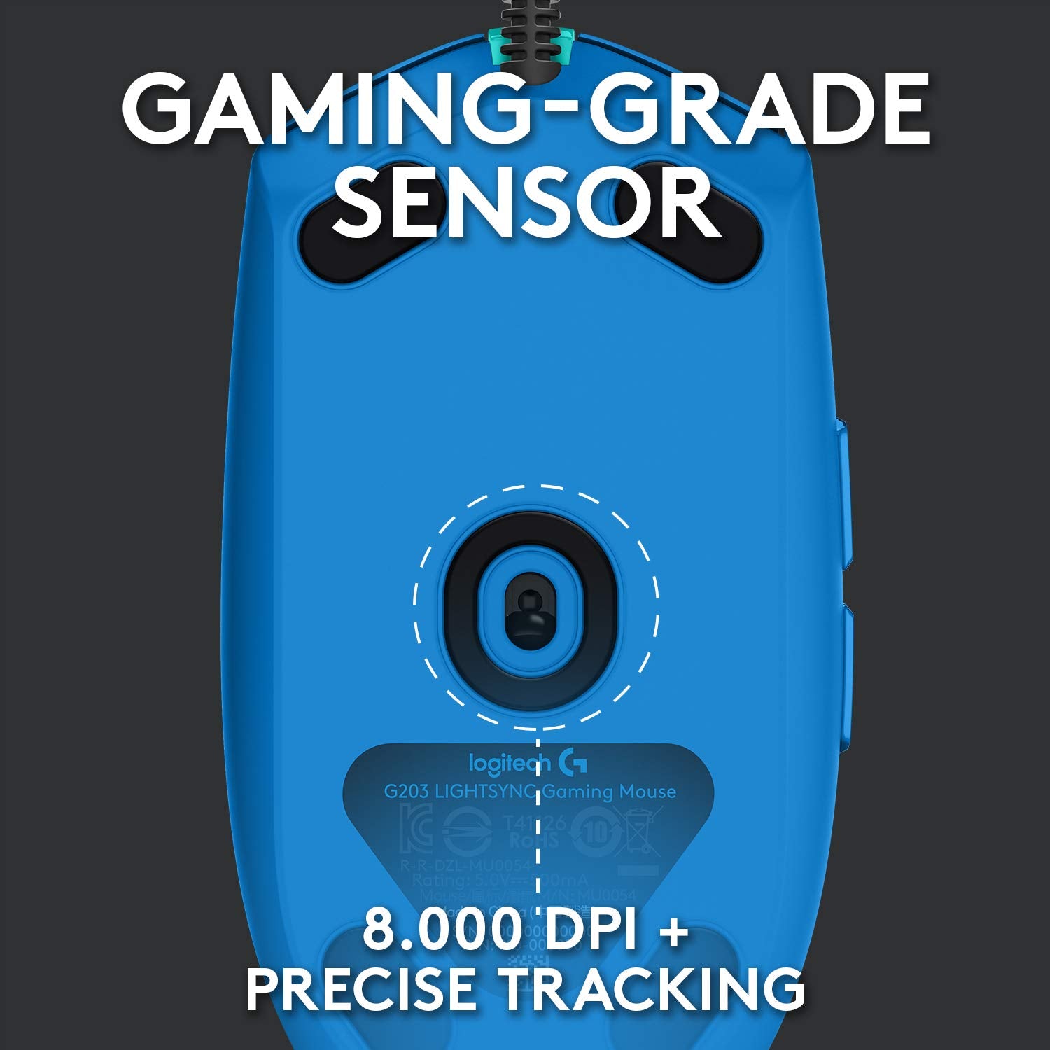 Logitech G203 Wired Gaming Mouse, 8,000 DPI, Rainbow Optical Effect LIGHTSYNC RGB, 6 Programmable Buttons, On-Board Memory, Screen Mapping, PC/Mac Computer and Laptop Compatible - Black