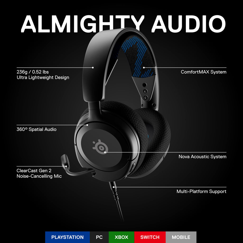 New SteelSeries Arctis Nova 1P Multi-System Gaming Headset — Hi-Fi Drivers — 360° Spatial Audio — Comfort Design — Durable — Lightweight — Noise-Cancelling Mic — PS5/PS4, PC, Xbox, Switch - White