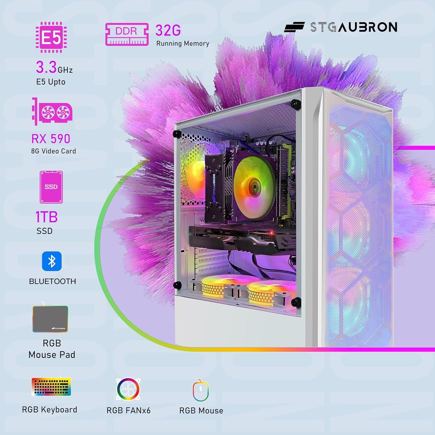 STGAubron Gaming PC Computer Desktop, Intel Core i7 up to 3.9GHz, Radeon RX 580 8G GDDR5, 16G RAM, 512G SSD, WiFi, BT 5.0, RGB Fan x6, Windows 10 Home