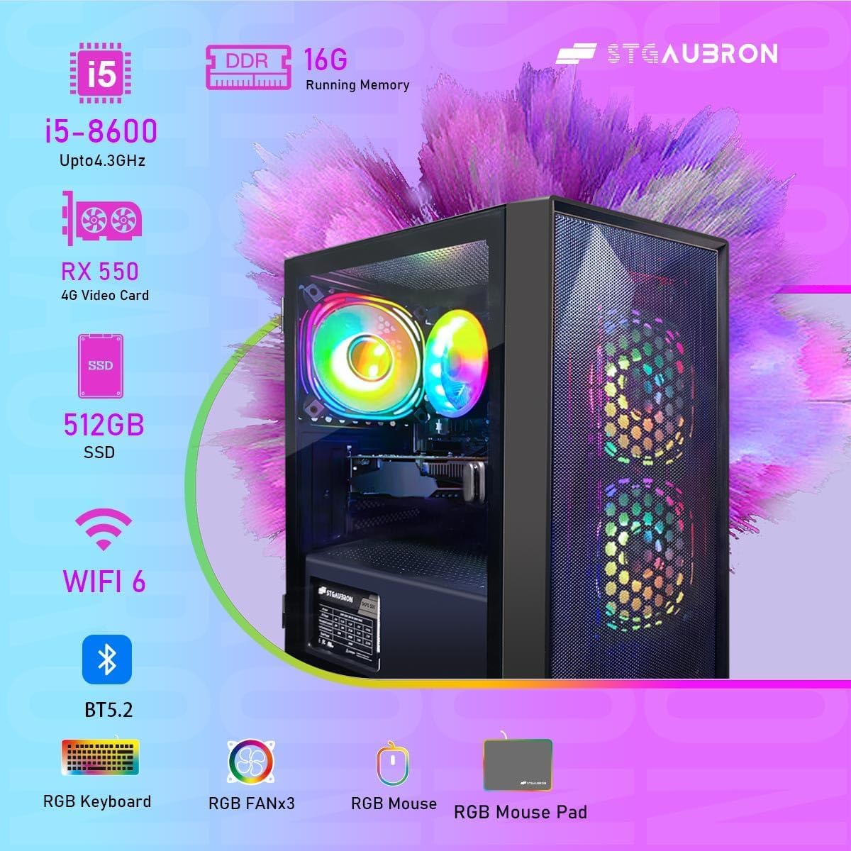 STGAubron Gaming PC Computer Desktop, Intel Core i7 up to 3.9GHz, Radeon RX 580 8G GDDR5, 16G RAM, 512G SSD, WiFi, BT 5.0, RGB Fan x6, Windows 10 Home
