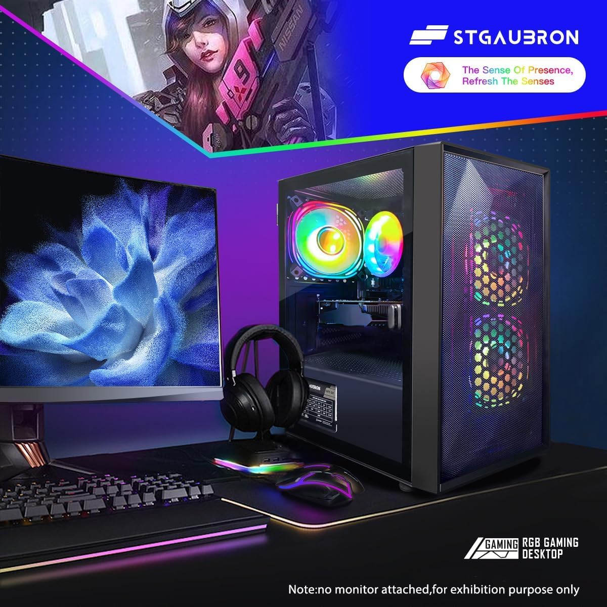 STGAubron Gaming PC Computer Desktop, Intel Core i7 up to 3.9GHz, Radeon RX 580 8G GDDR5, 16G RAM, 512G SSD, WiFi, BT 5.0, RGB Fan x6, Windows 10 Home