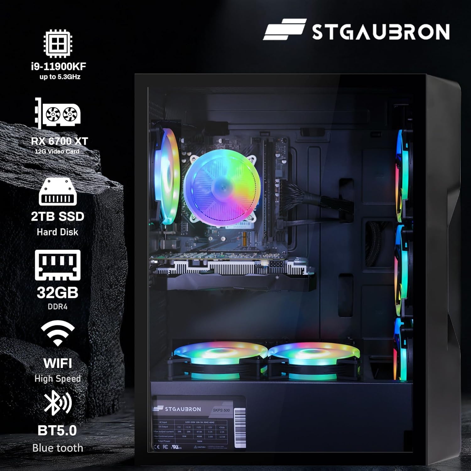 STGAubron Gaming PC Computer Desktop, Intel Core i7 up to 3.9GHz, Radeon RX 580 8G GDDR5, 16G RAM, 512G SSD, WiFi, BT 5.0, RGB Fan x6, Windows 10 Home