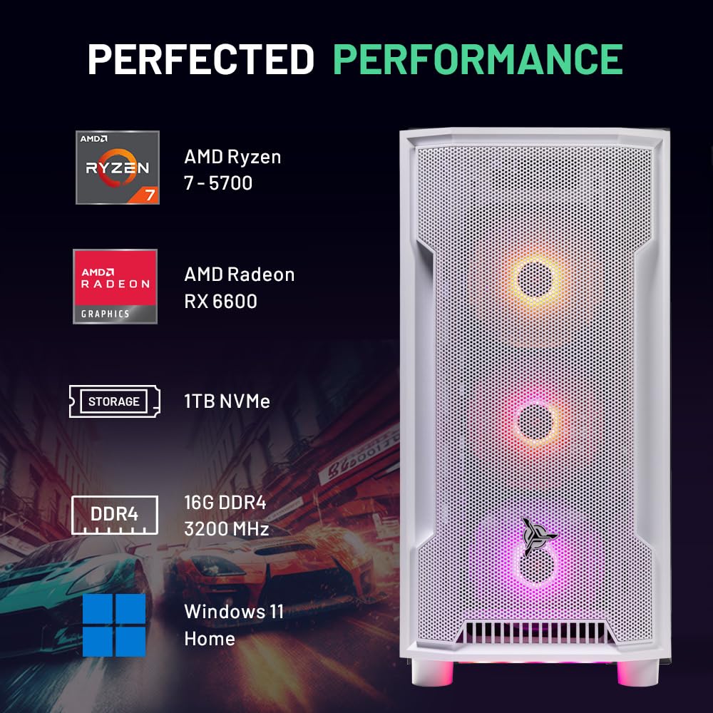 Skytech Archangel Gaming PC Desktop, Ryzen 7 5700 3.7 GHz (4.6GHz Turbo Boost), AMD RX 6600 8GB GDDR6, 1TB SSD, 16GB DDR4 RAM 3200, 650W Gold PSU, Wi-Fi, Win 11 Home