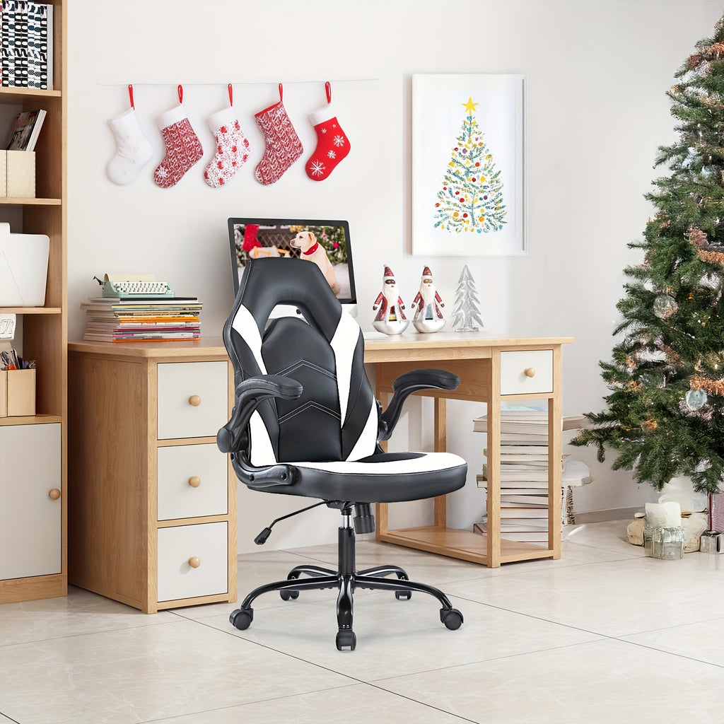 Office Desk Leather Gaming Computer Chair with Adjustable Swivel Task and Flip-up Arms for Adults