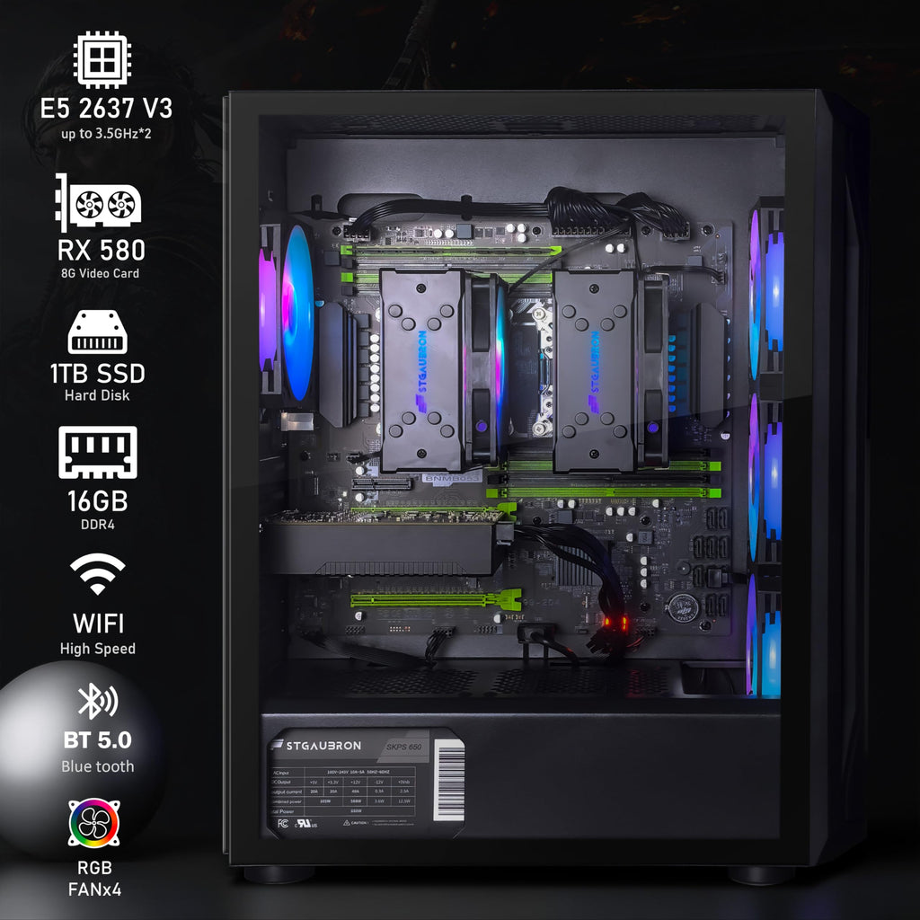 STGAubron Gaming PC Computer Desktop, Intel Core i7 up to 3.9GHz, Radeon RX 580 8G GDDR5, 16G RAM, 512G SSD, WiFi, BT 5.0, RGB Fan x6, Windows 10 Home