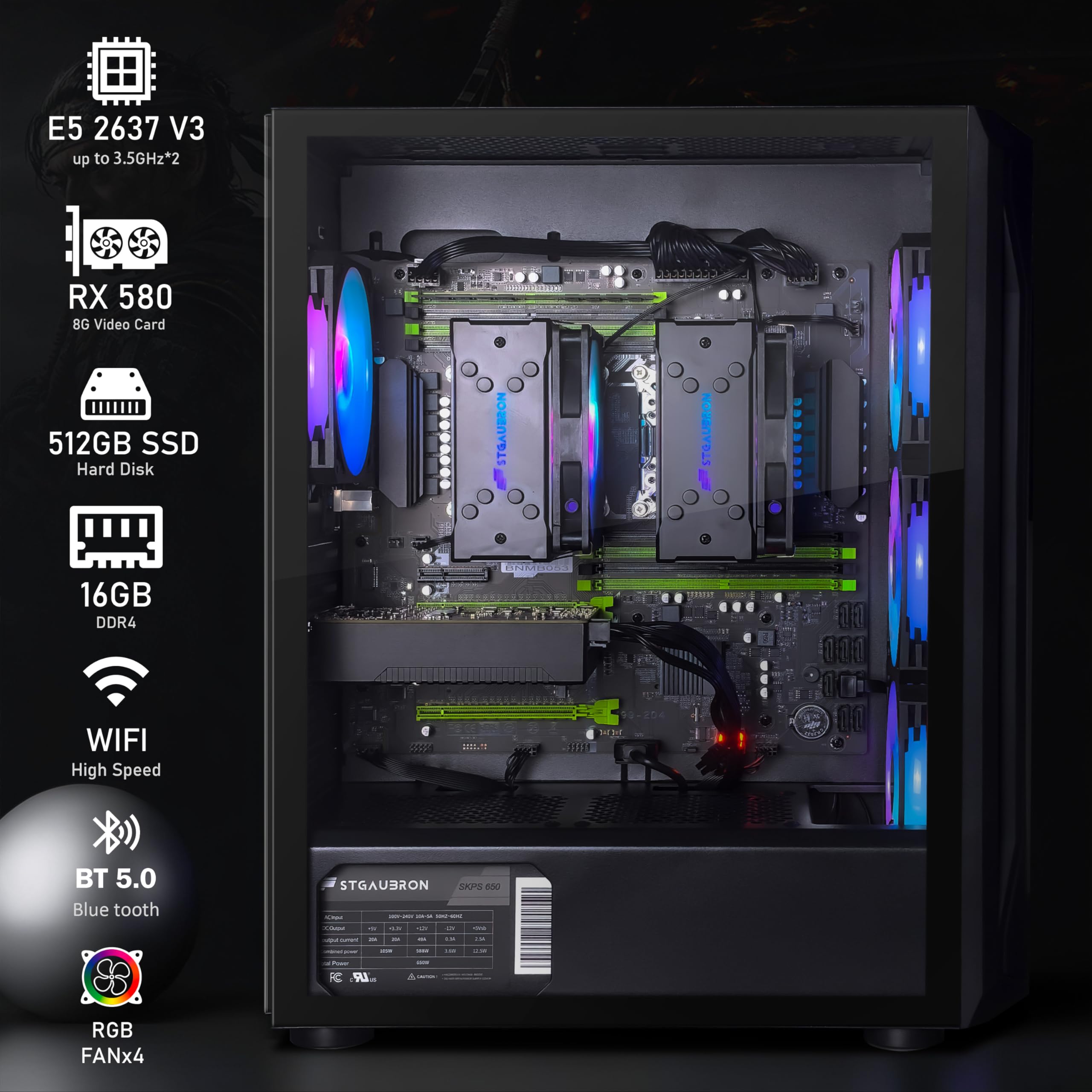 STGAubron Gaming PC Computer Desktop, Intel Core i7 up to 3.9GHz, Radeon RX 580 8G GDDR5, 16G RAM, 512G SSD, WiFi, BT 5.0, RGB Fan x6, Windows 10 Home
