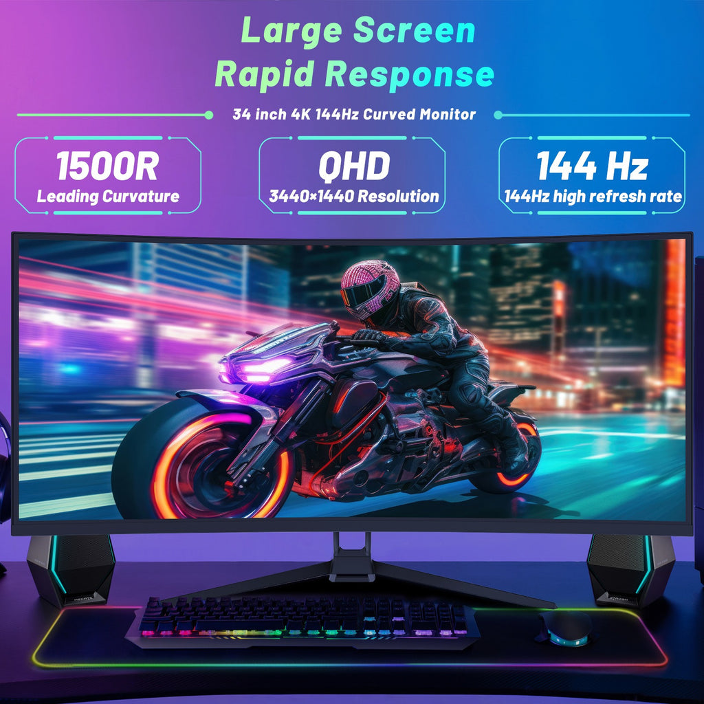34 Inch Ultrawide Curved 144Hz or 120Hz Gaming Computer Monitor 1500R PC Screen、21:9 UWQHD (3440x1440), Adaptive Sync, 178° Viewing Angle,Display Port、Compatible with Wall mounting - Black