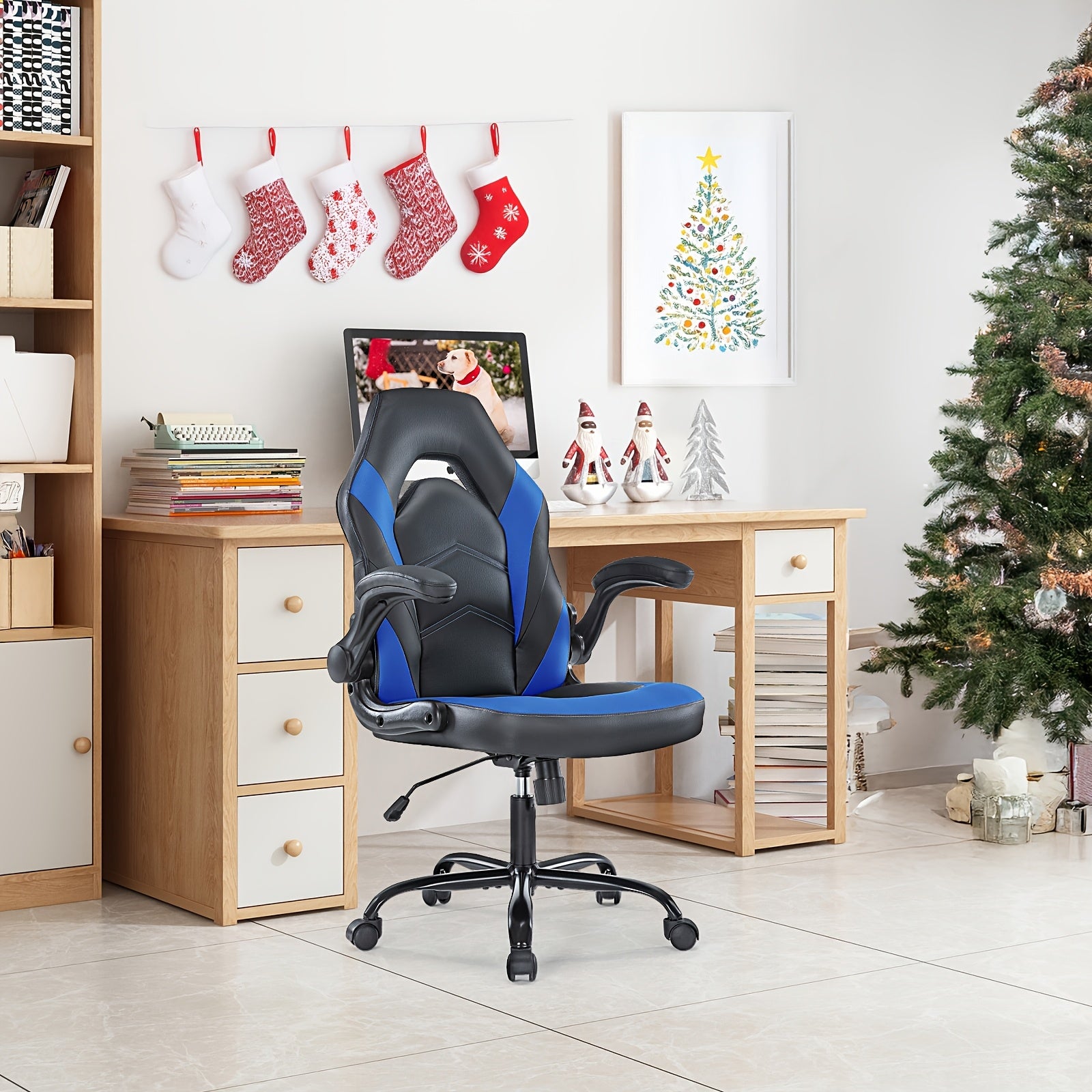 Office Desk Leather Gaming Computer Chair with Adjustable Swivel Task and Flip-up Arms for Adults