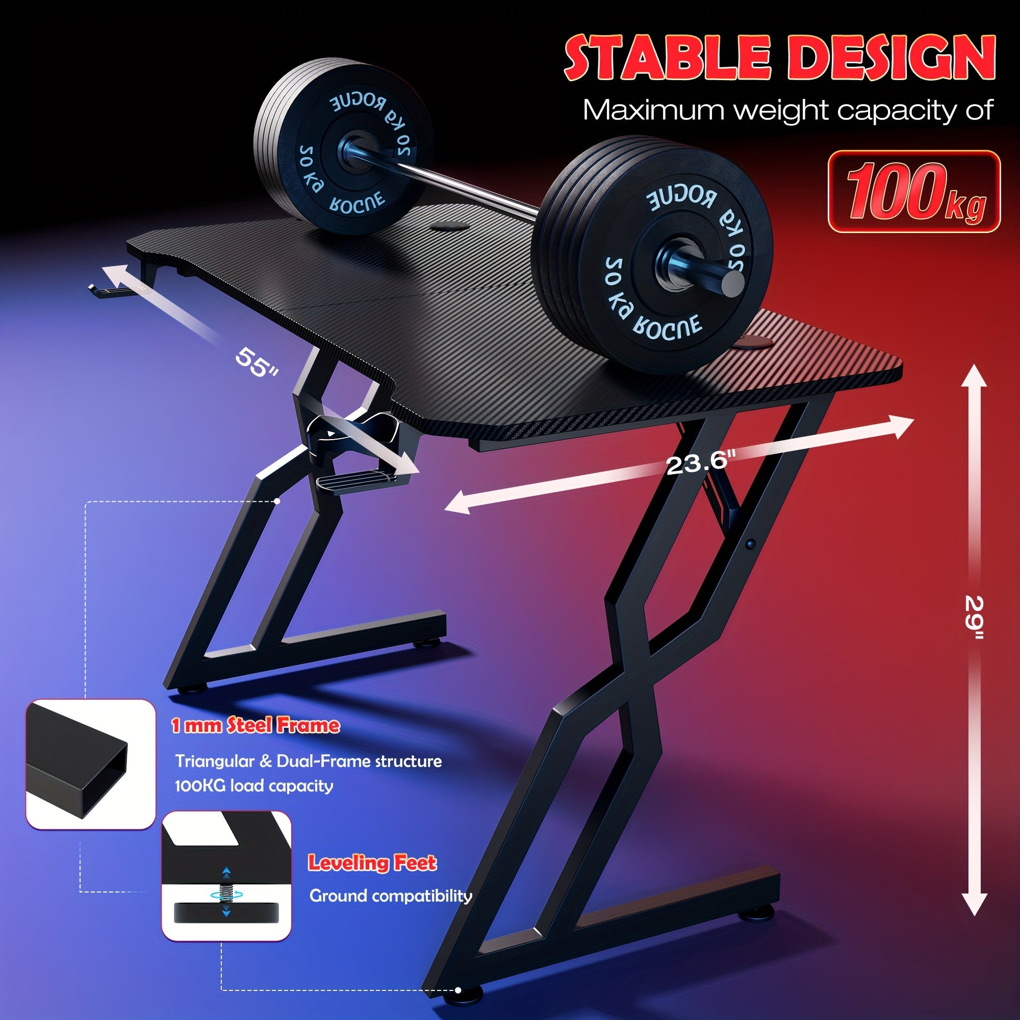 Gaming Desk - Ergonomic Gaming Computer Table, 47 Inch Carbon Fiber Surface PC Desk Workstation With Cup Holder & Headphone Hook, S-Shaped Hollow Design, Black