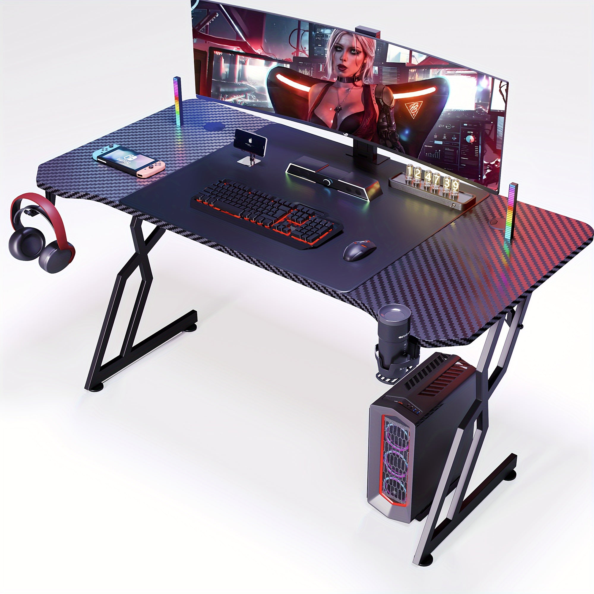 Gaming Desk - Ergonomic Gaming Computer Table, 47 Inch Carbon Fiber Surface PC Desk Workstation With Cup Holder & Headphone Hook, S-Shaped Hollow Design, Black