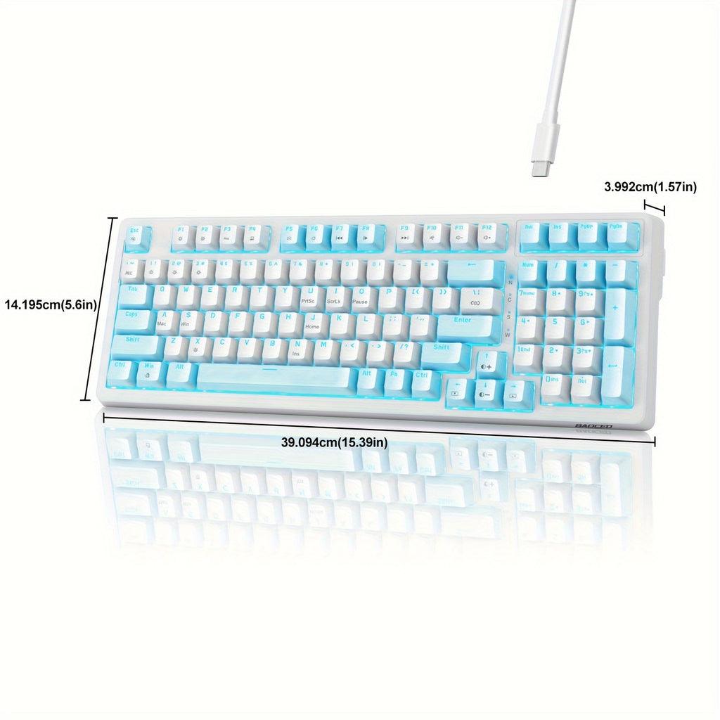 Full-Size 98-Key Baoced Mechanical Gaming Keyboard with Red Switch, ICY Blue Backlight, Anti-Ghosting, Detachable USB Type-C Cable, and Adjustable Kickstand