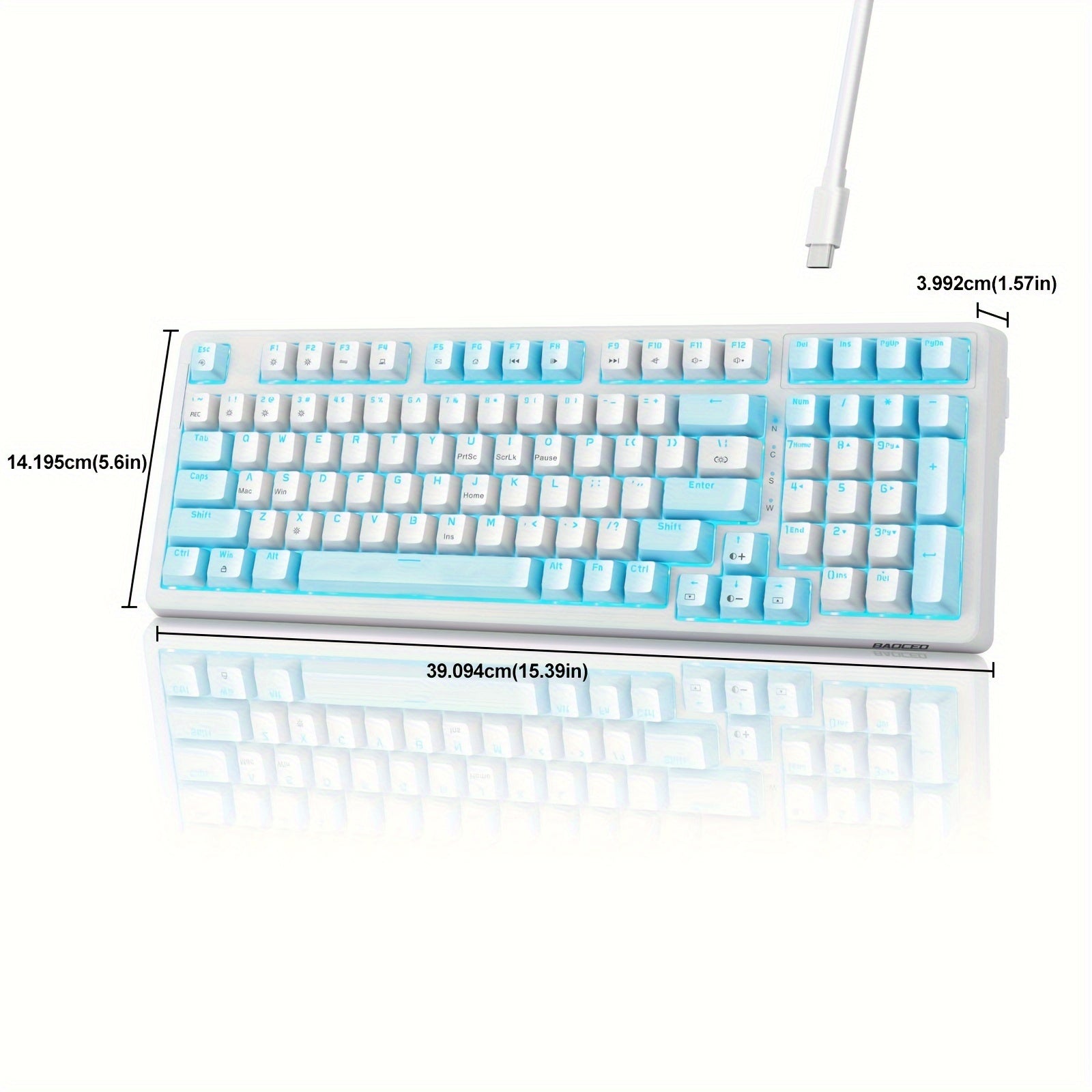 Full-Size 98-Key Baoced Mechanical Gaming Keyboard with Red Switch, ICY Blue Backlight, Anti-Ghosting, Detachable USB Type-C Cable, and Adjustable Kickstand