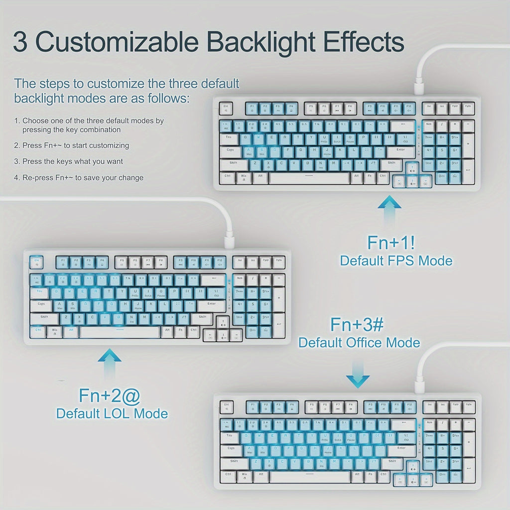 Full-Size 98-Key Baoced Mechanical Gaming Keyboard with Red Switch, ICY Blue Backlight, Anti-Ghosting, Detachable USB Type-C Cable, and Adjustable Kickstand