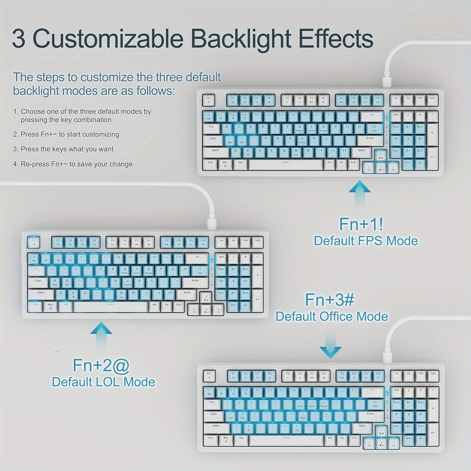 Full-Size 98-Key Baoced Mechanical Gaming Keyboard with Red Switch, ICY Blue Backlight, Anti-Ghosting, Detachable USB Type-C Cable, and Adjustable Kickstand