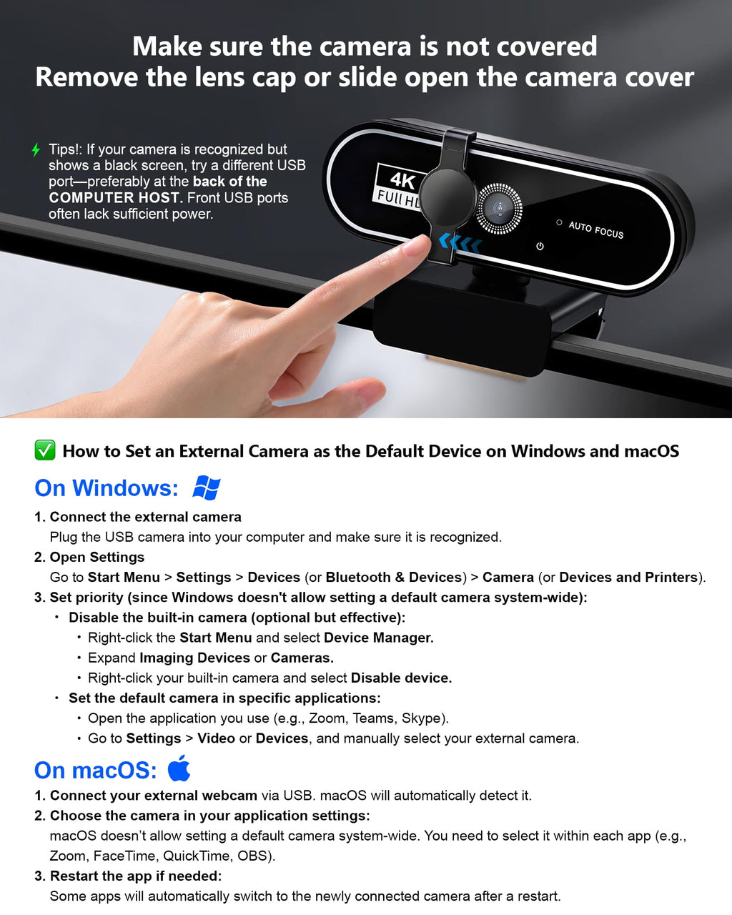Webcam 4K HD USB Autofocus PC Webcam with Dual Mics for Xbox Laptop Co
