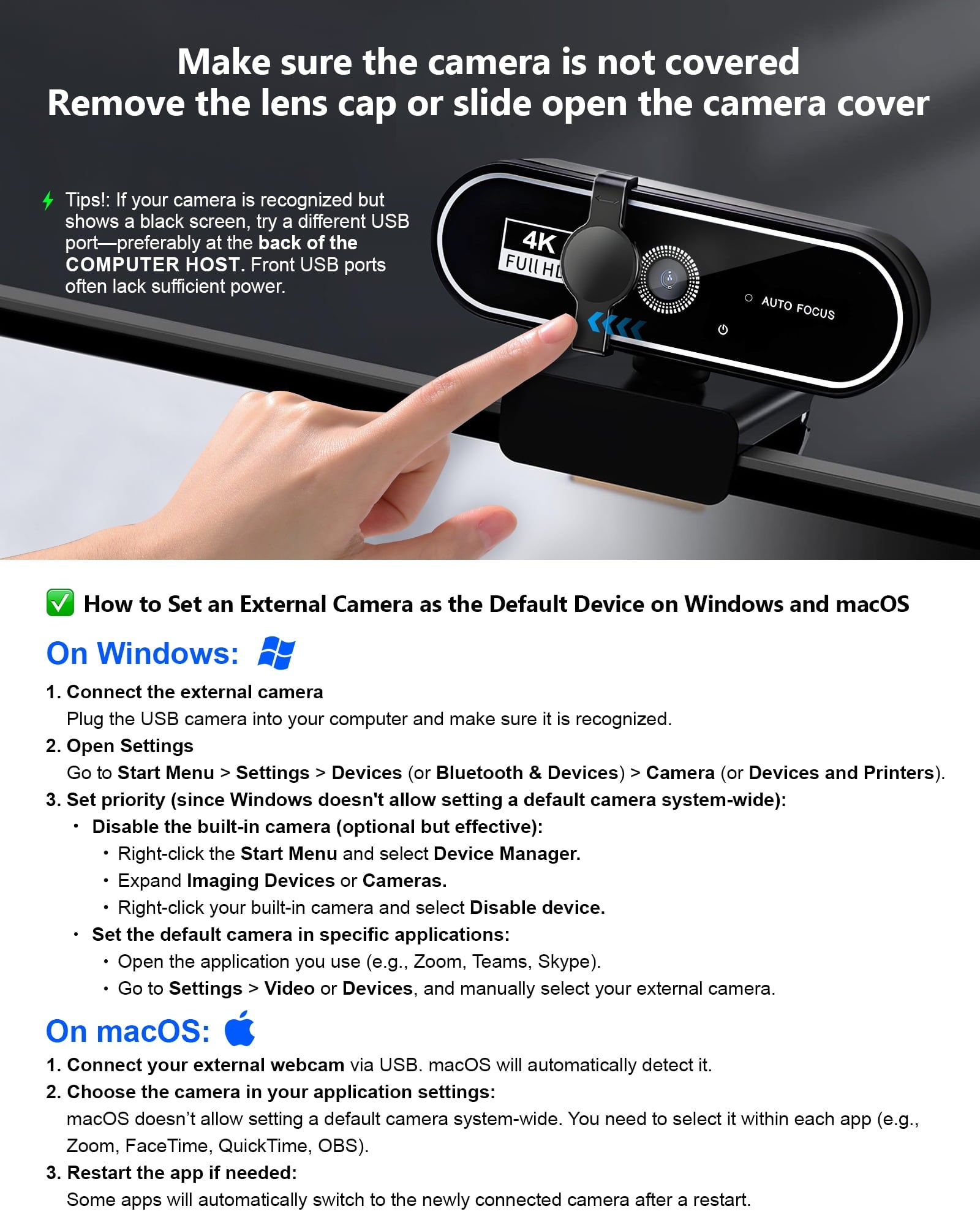 Webcam 4K HD USB Autofocus PC Webcam with Dual Mics for Xbox Laptop Co