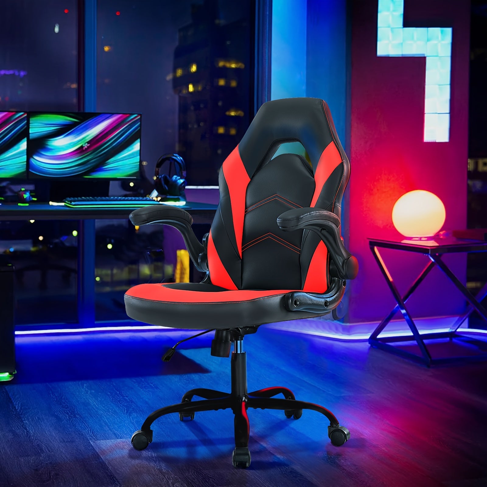Office Desk Leather Gaming Computer Chair with Adjustable Swivel Task and Flip-up Arms for Adults