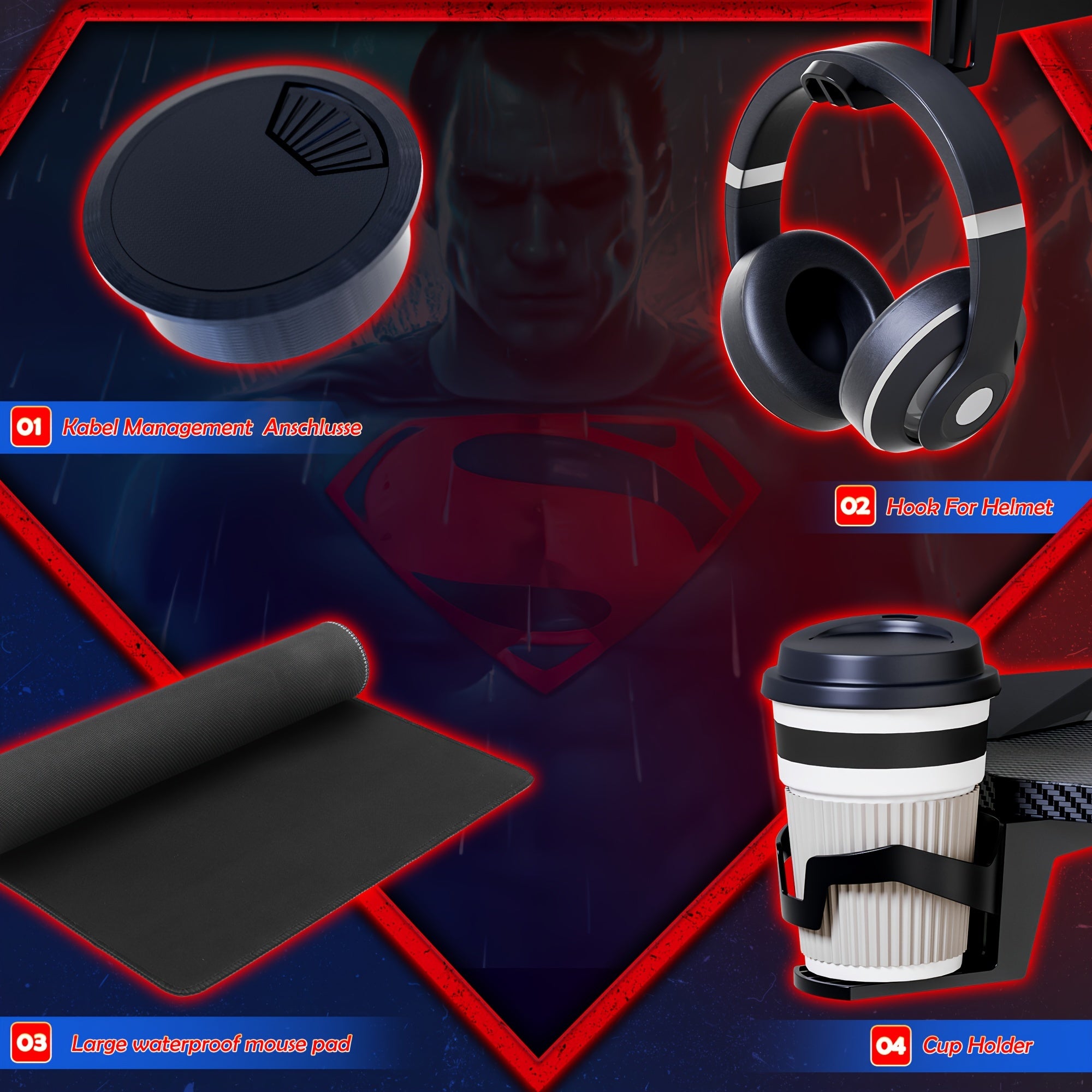 Gaming Desk - Ergonomic Gaming Computer Table, 47 Inch Carbon Fiber Surface PC Desk Workstation With Cup Holder & Headphone Hook, S-Shaped Hollow Design, Black