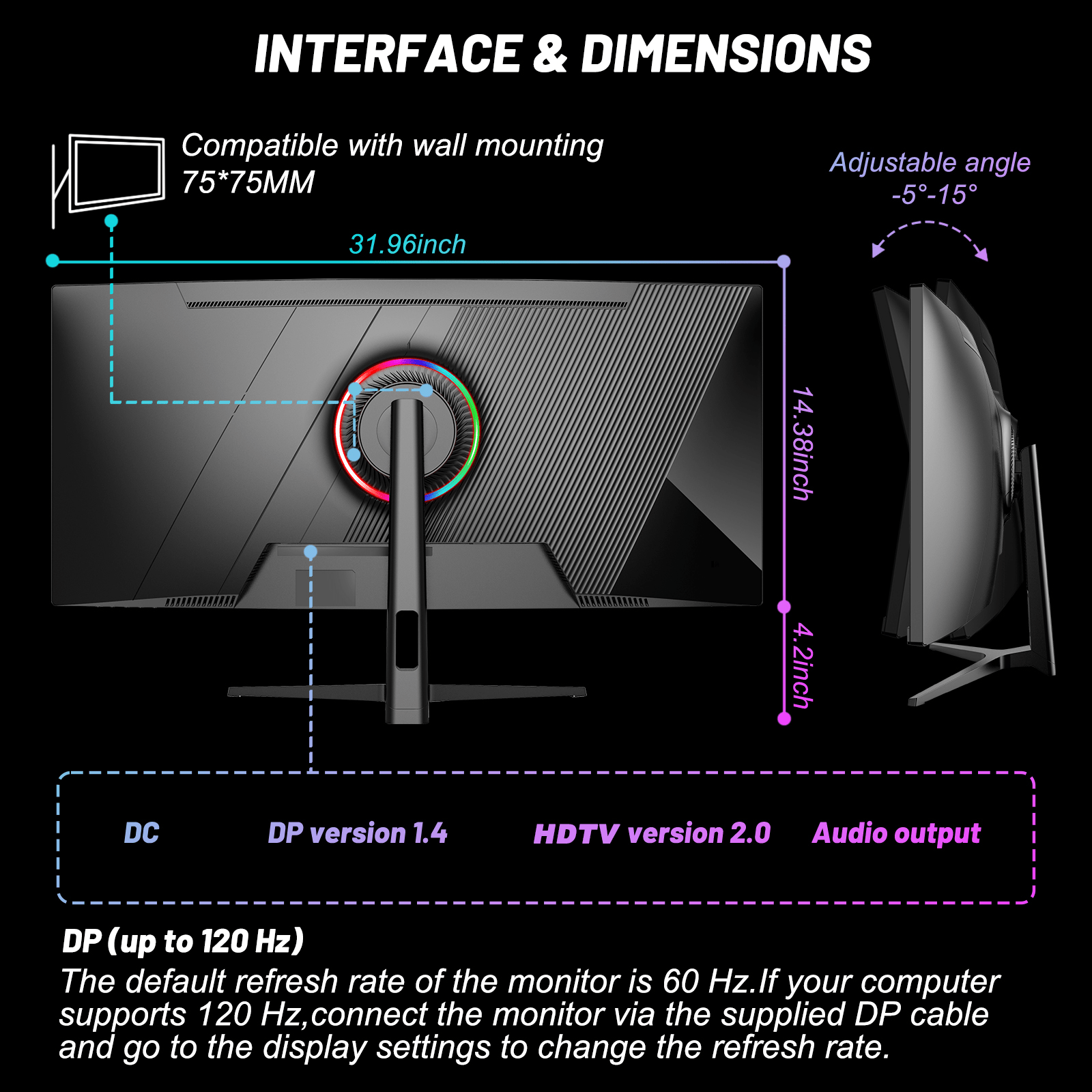34 Inch Ultrawide Curved 144Hz or 120Hz Gaming Computer Monitor 1500R PC Screen、21:9 UWQHD (3440x1440), Adaptive Sync, 178° Viewing Angle,Display Port、Compatible with Wall mounting - Black