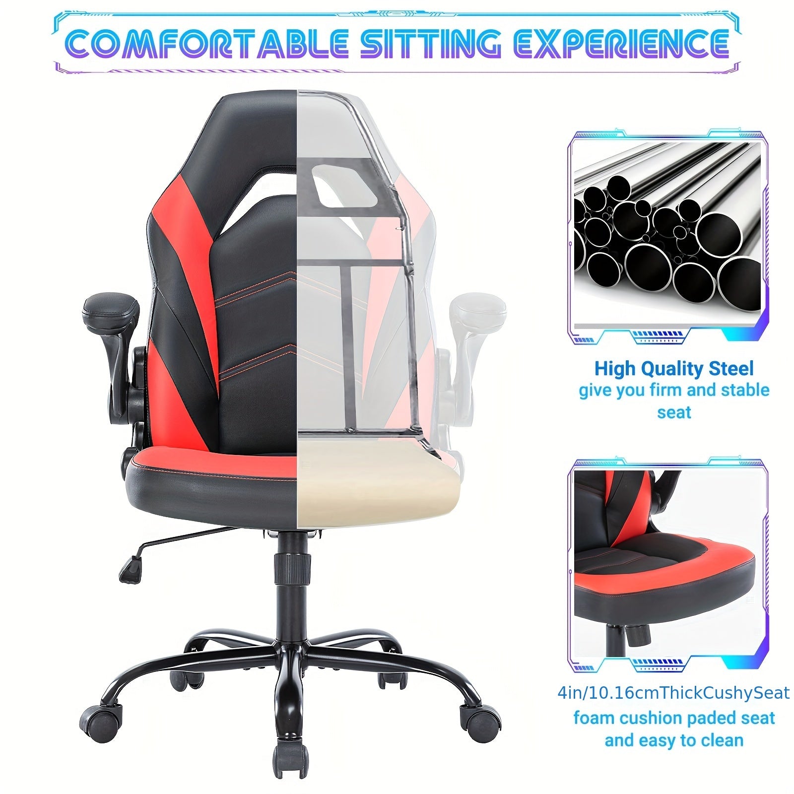 Office Desk Leather Gaming Computer Chair with Adjustable Swivel Task and Flip-up Arms for Adults
